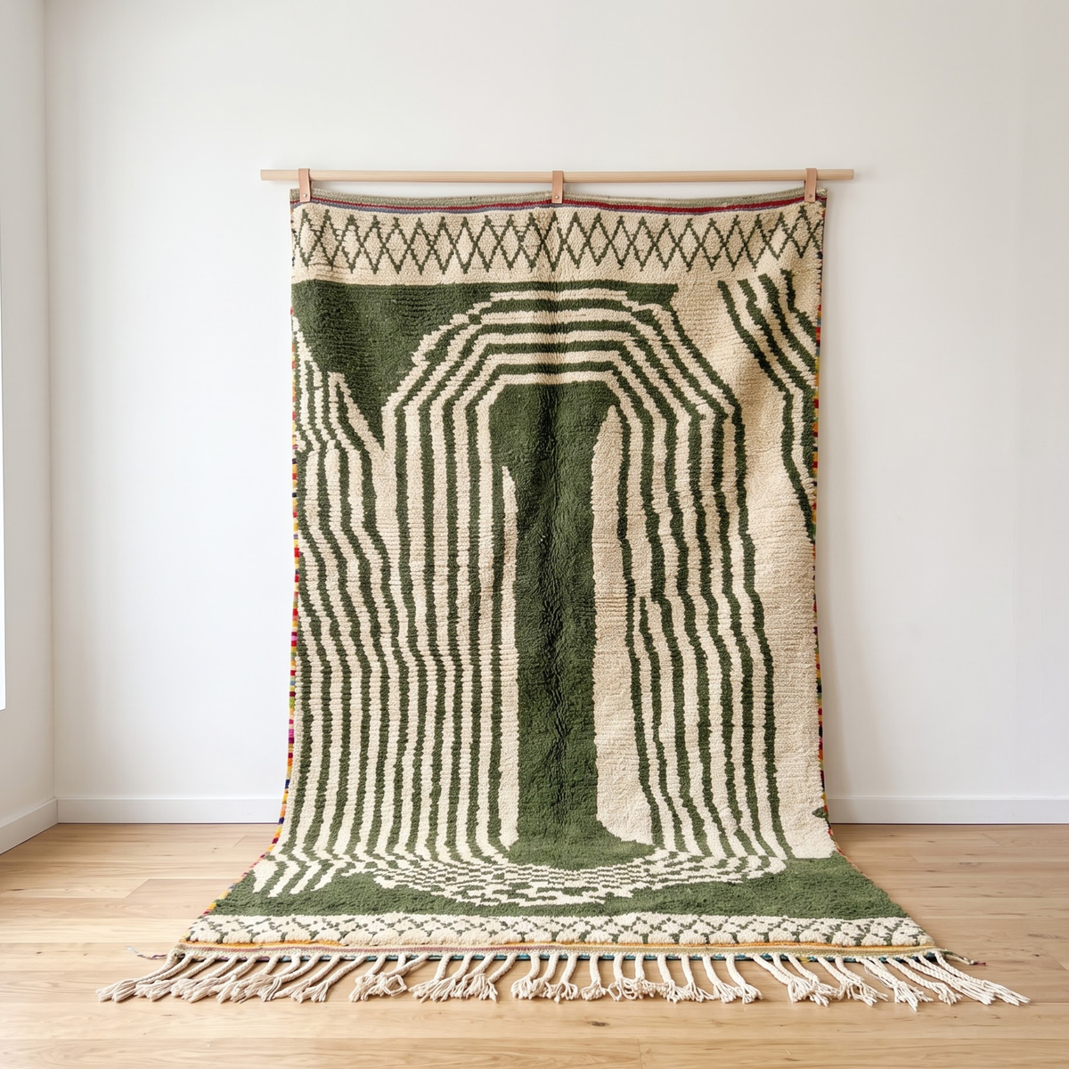 Handmade Moroccan Olive Green & Ivory Wool Rug – Architectural Arch & Wave Shag Rug