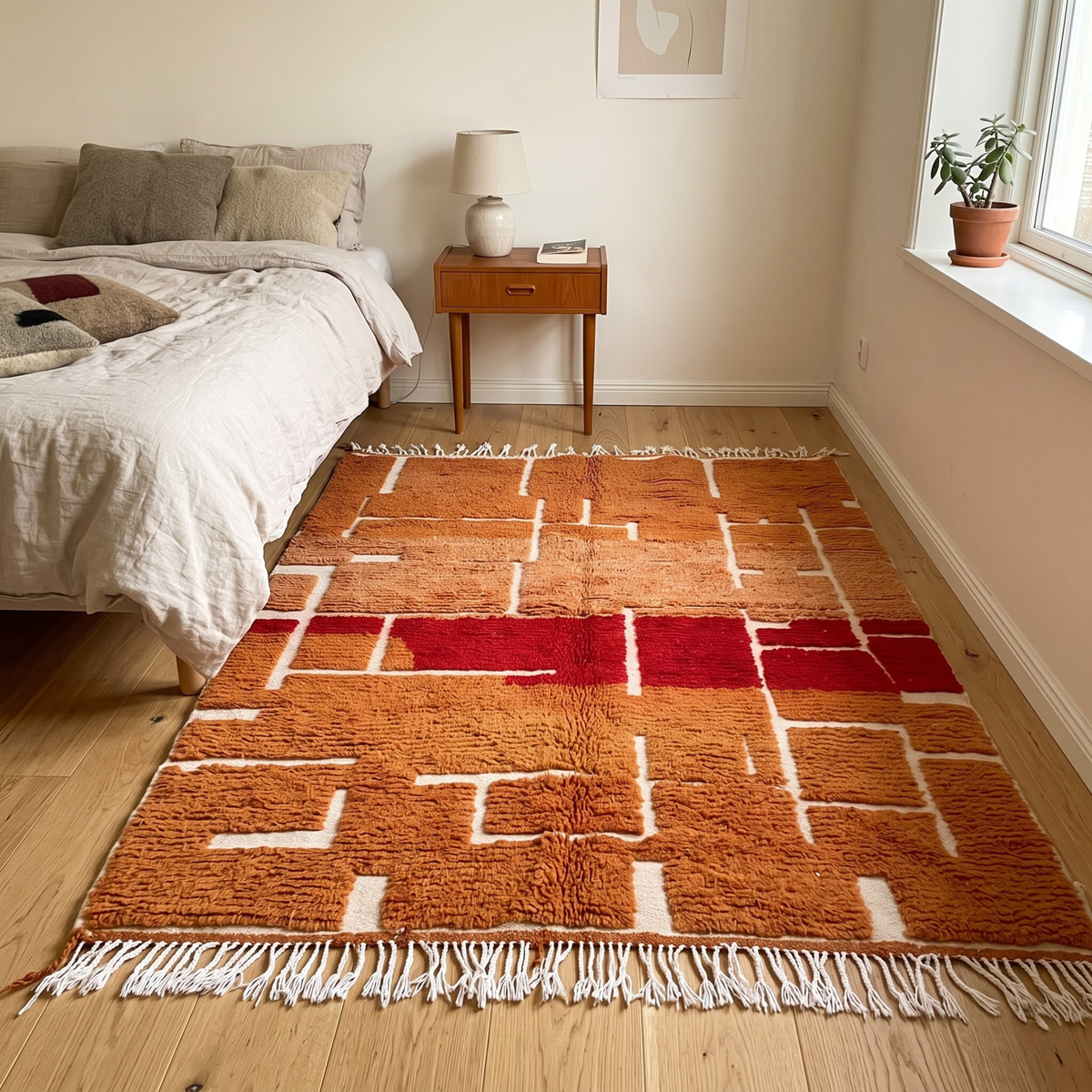 Handmade Moroccan Wool Rug – Terracotta, Ochre & Brick Red Geometric Block Shag Rug