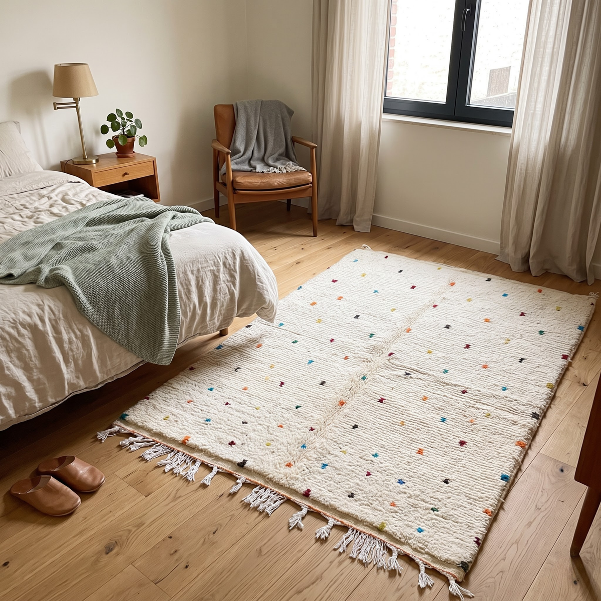 Handmade Moroccan Beni Ourain Wool Rug – Ivory Shag with Multicolor Confetti Polka Dots