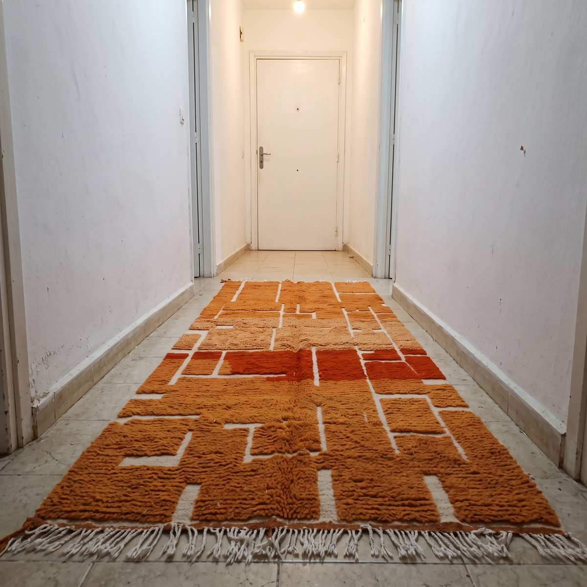 Handmade Moroccan Wool Rug – Terracotta, Ochre & Brick Red Geometric Block Shag Rug
