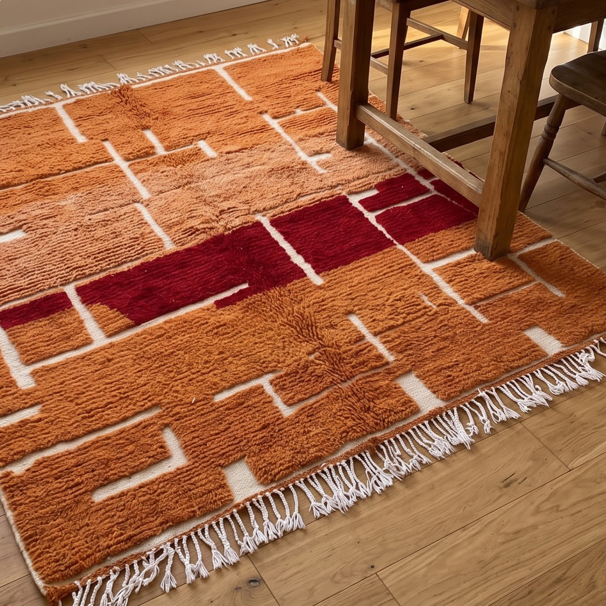 Handmade Moroccan Wool Rug – Terracotta, Ochre & Brick Red Geometric Block Shag Rug