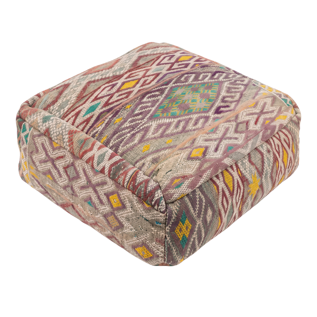Vintage Lavender Kilim Berber Floor Pouf 60x60x20 cm – Handmade Moroccan Square Cushion with Muted Earth Tones and Diamond Cross Mosaic