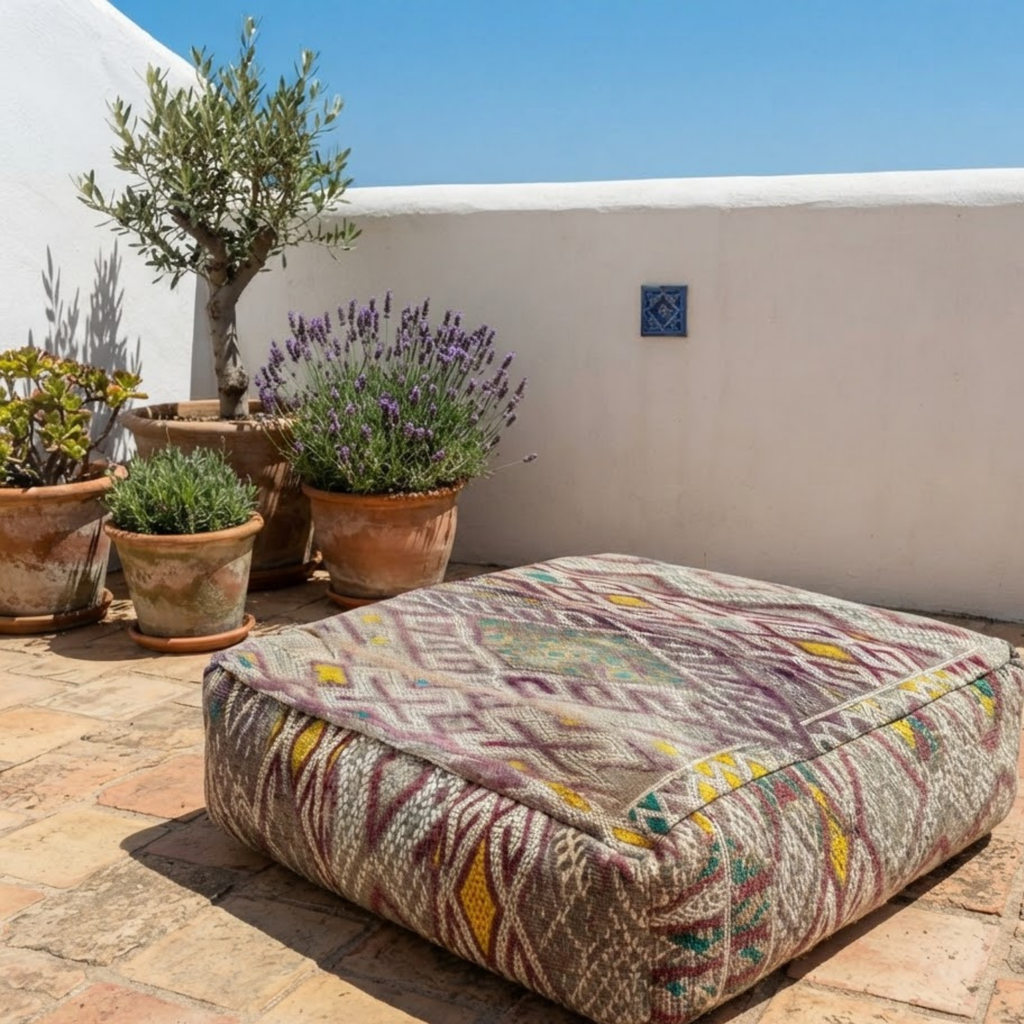 Vintage Lavender Kilim Berber Floor Pouf 60x60x20 cm – Handmade Moroccan Square Cushion with Muted Earth Tones and Diamond Cross Mosaic