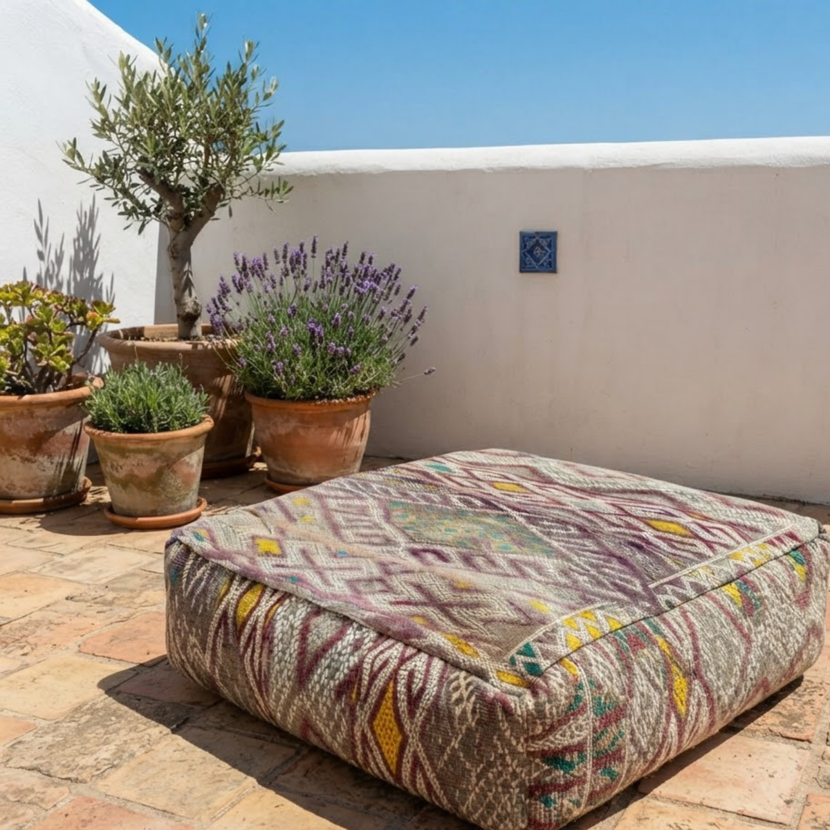 Vintage Lavender Kilim Berber Floor Pouf 60x60x20 cm – Handmade Moroccan Square Cushion with Muted Earth Tones and Diamond Cross Mosaic
