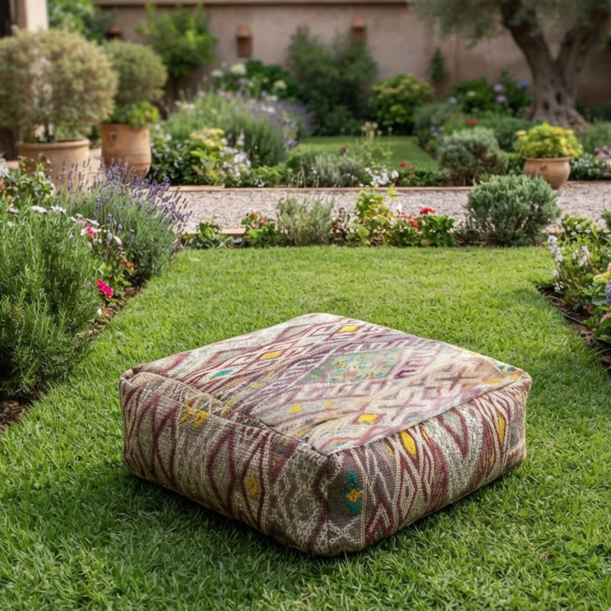 Vintage Lavender Kilim Berber Floor Pouf 60x60x20 cm – Handmade Moroccan Square Cushion with Muted Earth Tones and Diamond Cross Mosaic