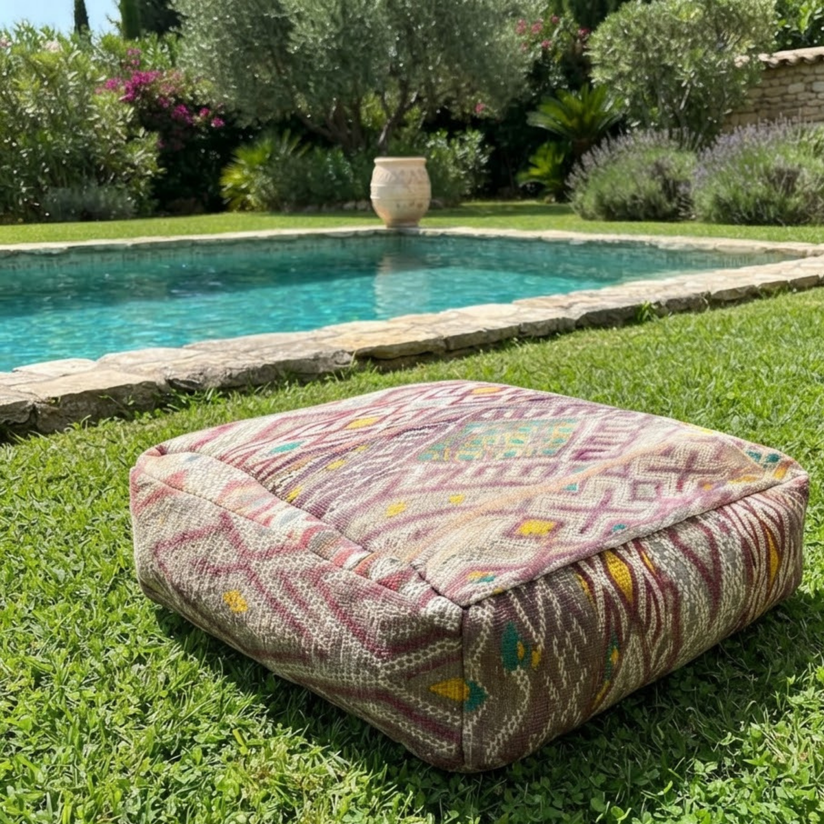 Vintage Lavender Kilim Berber Floor Pouf 60x60x20 cm – Handmade Moroccan Square Cushion with Muted Earth Tones and Diamond Cross Mosaic