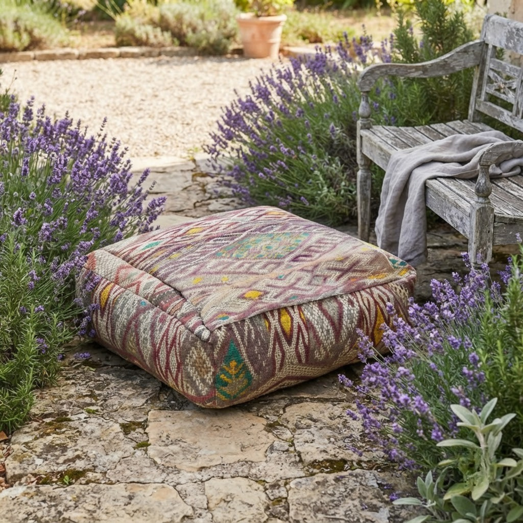 Vintage Lavender Kilim Berber Floor Pouf 60x60x20 cm – Handmade Moroccan Square Cushion with Muted Earth Tones and Diamond Cross Mosaic