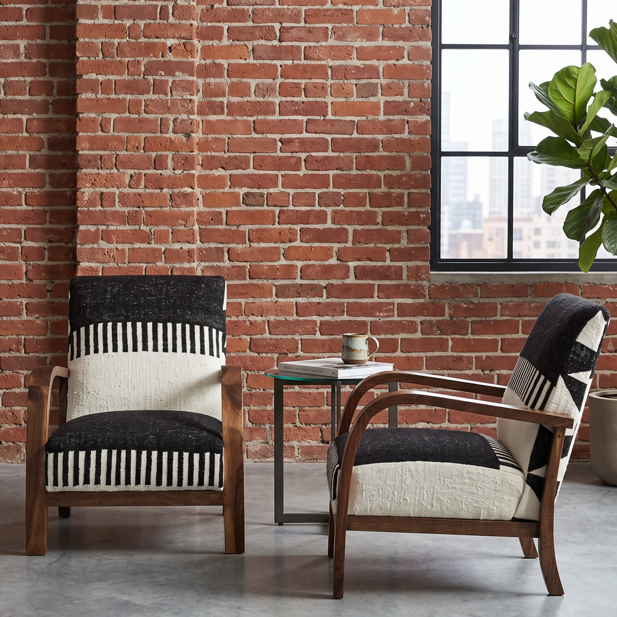 Handmade Moroccan Solid Walnut Armchair – Black & White Berber Kilim Fabric