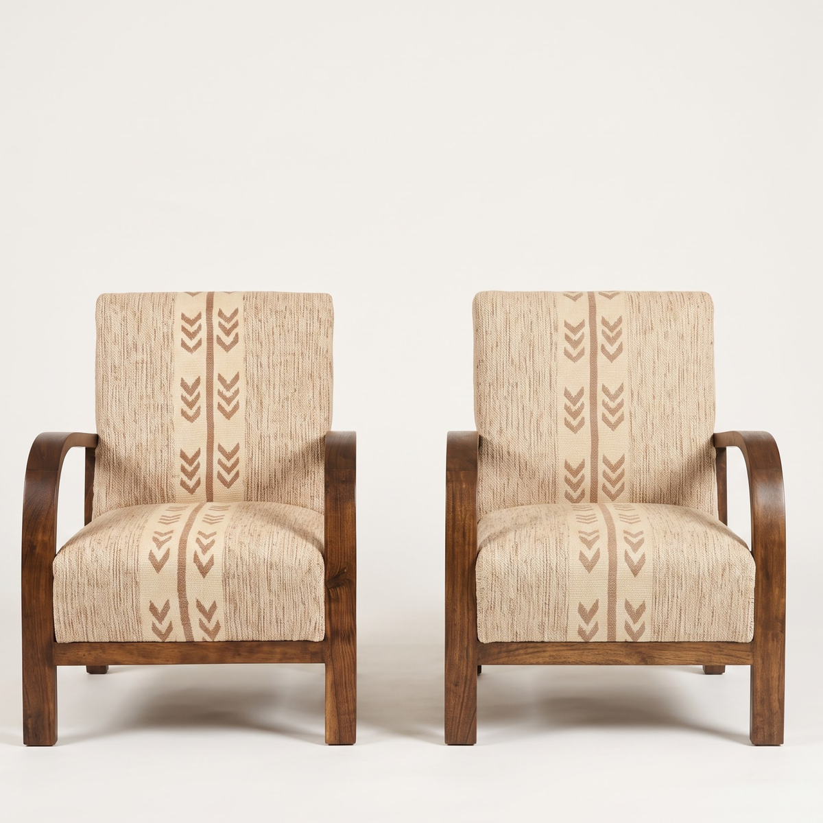 Mid-Century Accent Chair in Solid Walnut & Handwoven Sand/Beige Moroccan Textile